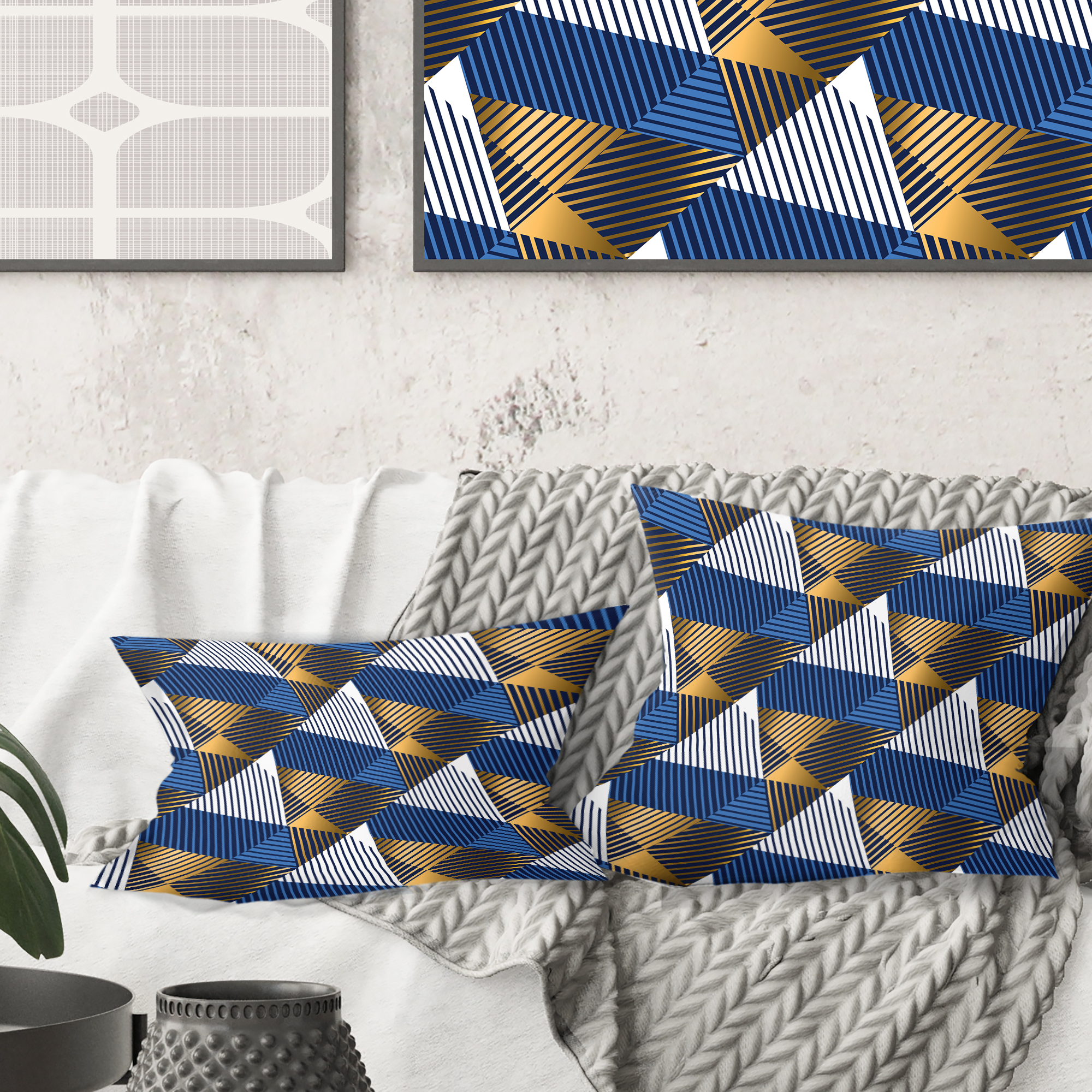 Designart Retro Luxury Waves In Gold And Blue V' Mid-Century Modern Throw Pillow - 16x16