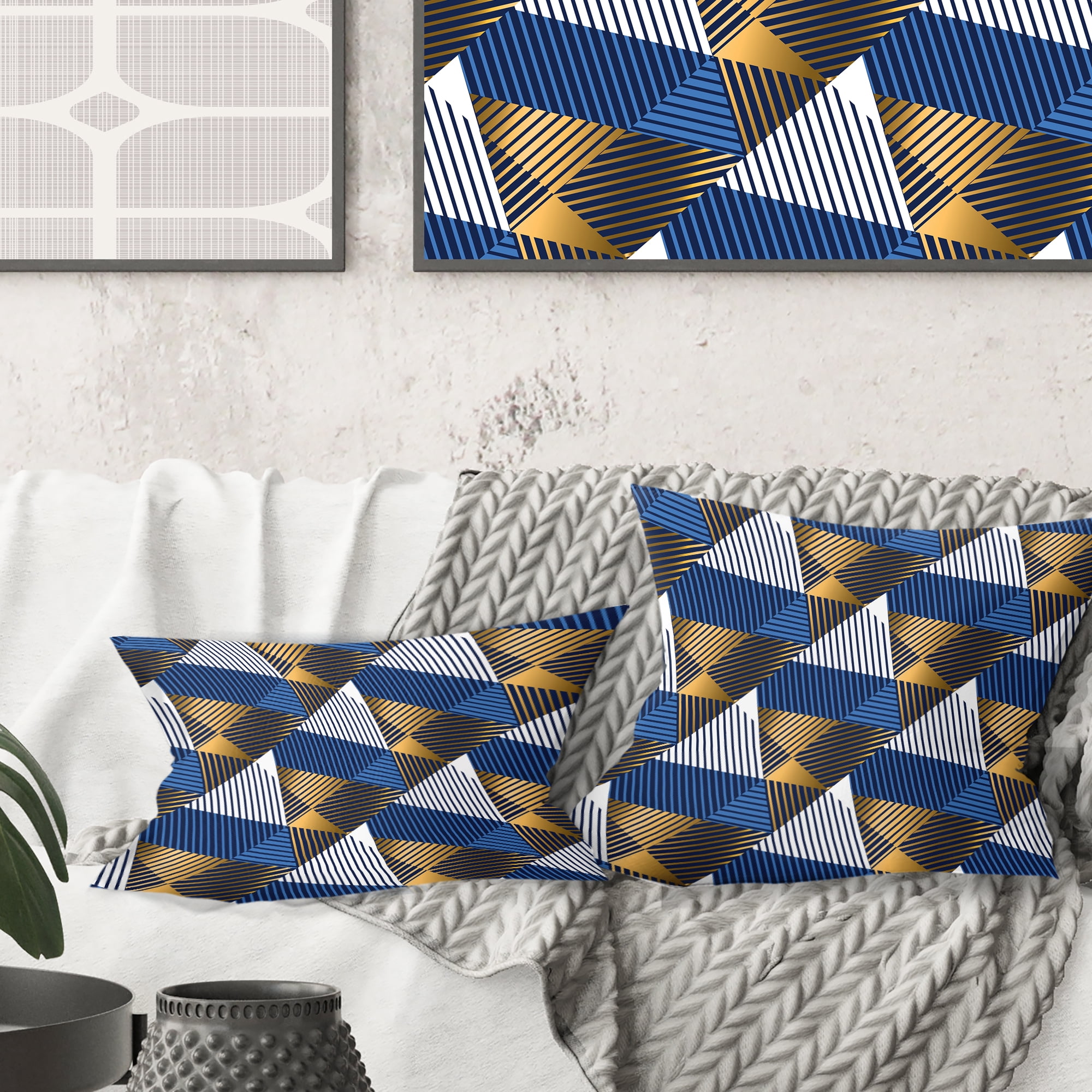 Designart Retro Luxury Waves In Gold And Blue V' Mid-Century Modern Throw Pillow - 18x18
