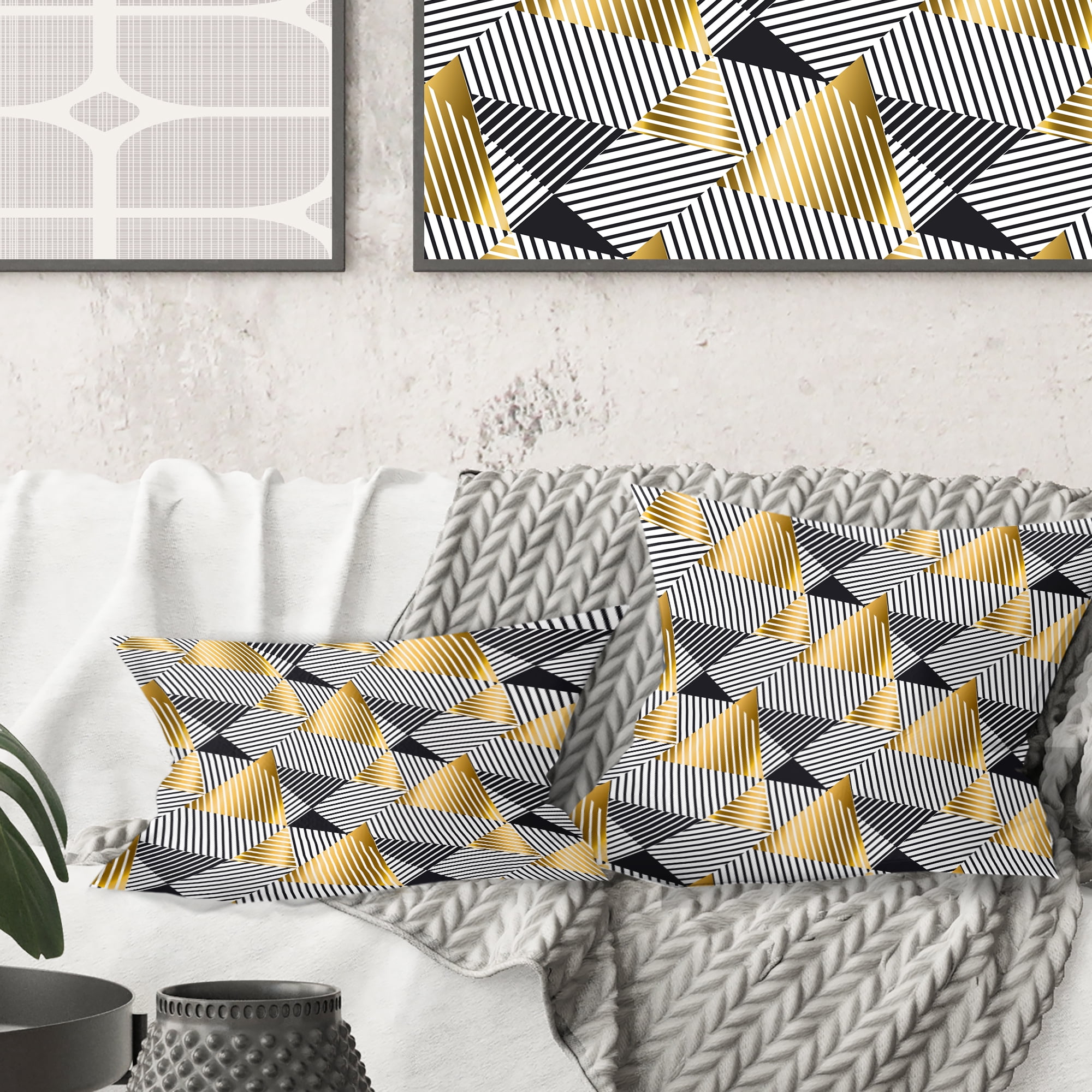 Designart Retro Luxury Waves In Gold And Blue VI' Mid-Century Modern Throw Pillow - 16x16