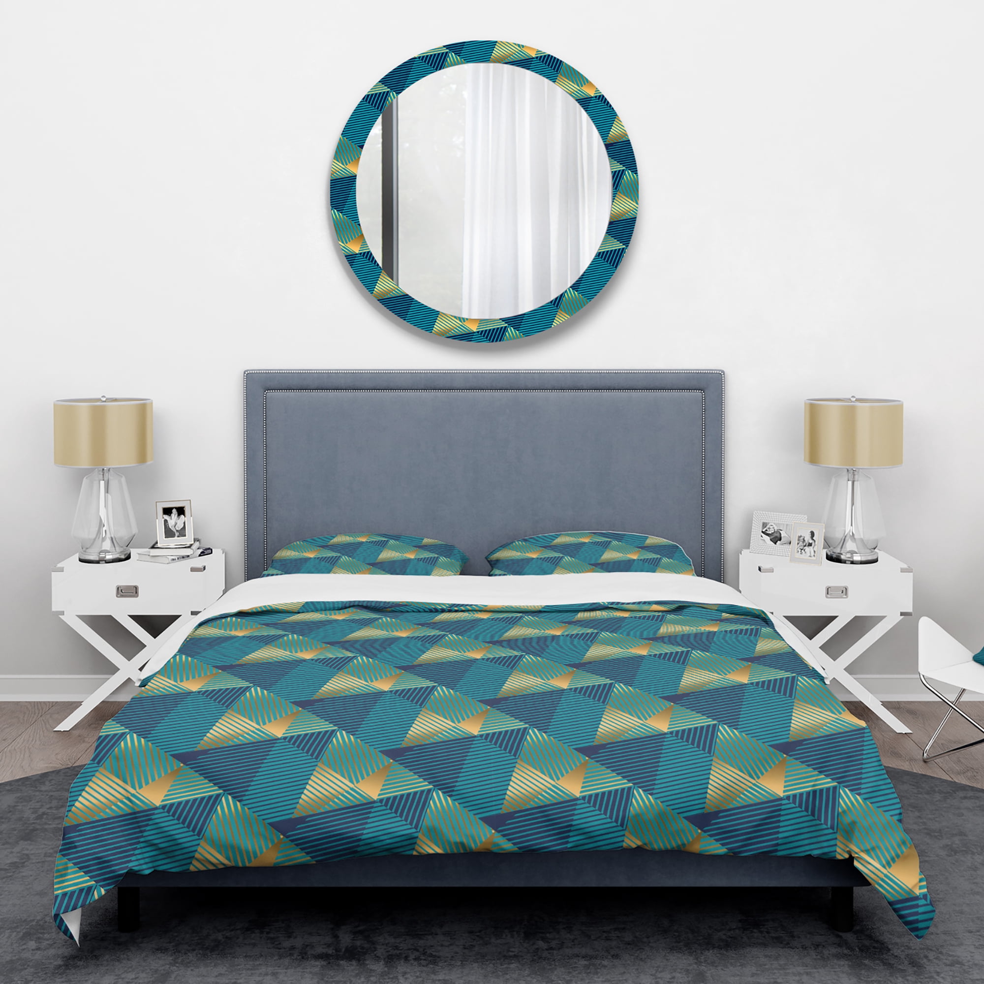 Designart 'Retro Luxury Waves In Gold And Blue VII' Mid-Century Modern Duvet Cover Set