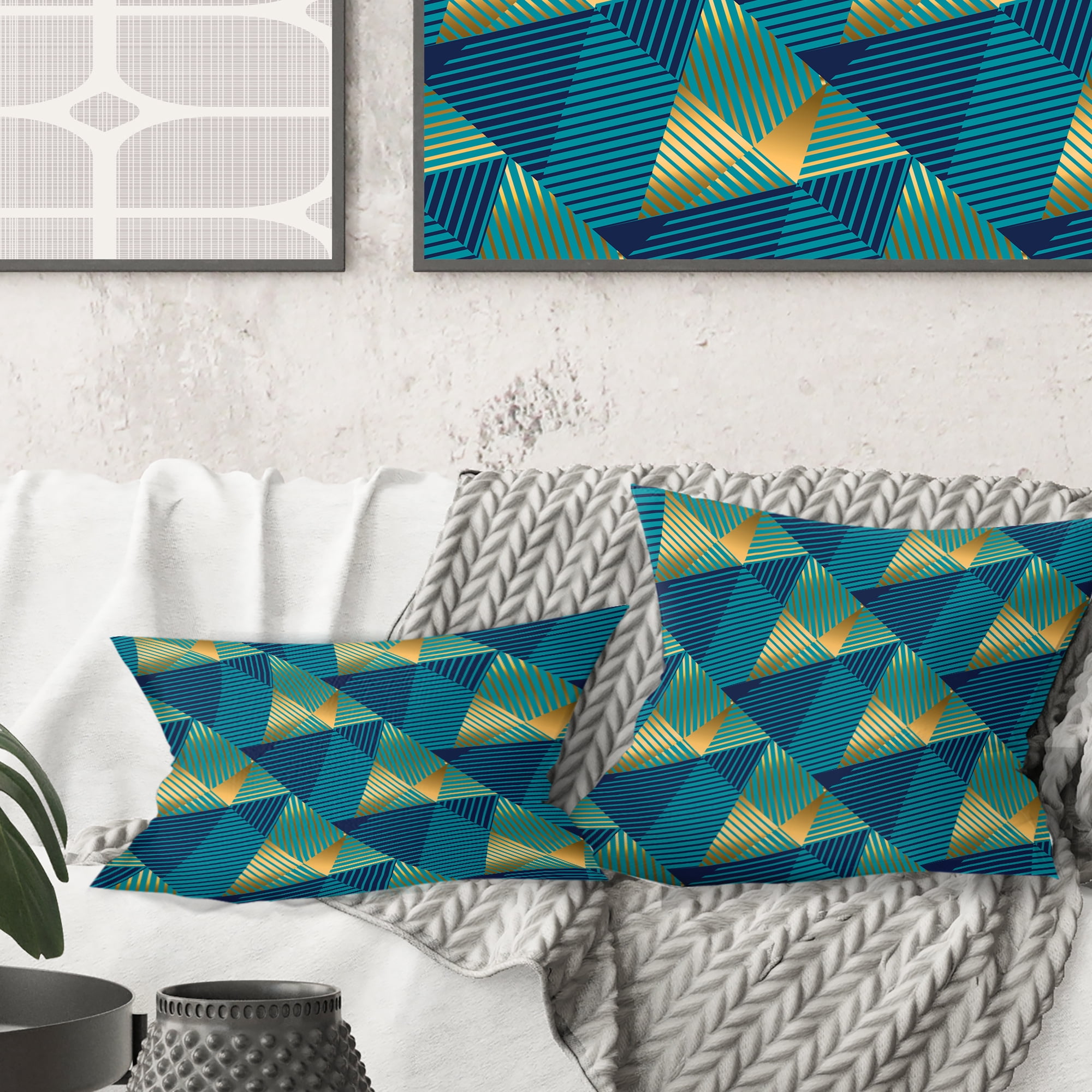 Designart Retro Luxury Waves In Gold And Blue VII' Mid-Century Modern Throw Pillow - 16x16