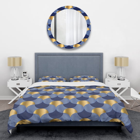 Designart 'Retro Luxury Waves In Gold And Blue VIII' Mid-Century Modern Duvet Cover Set