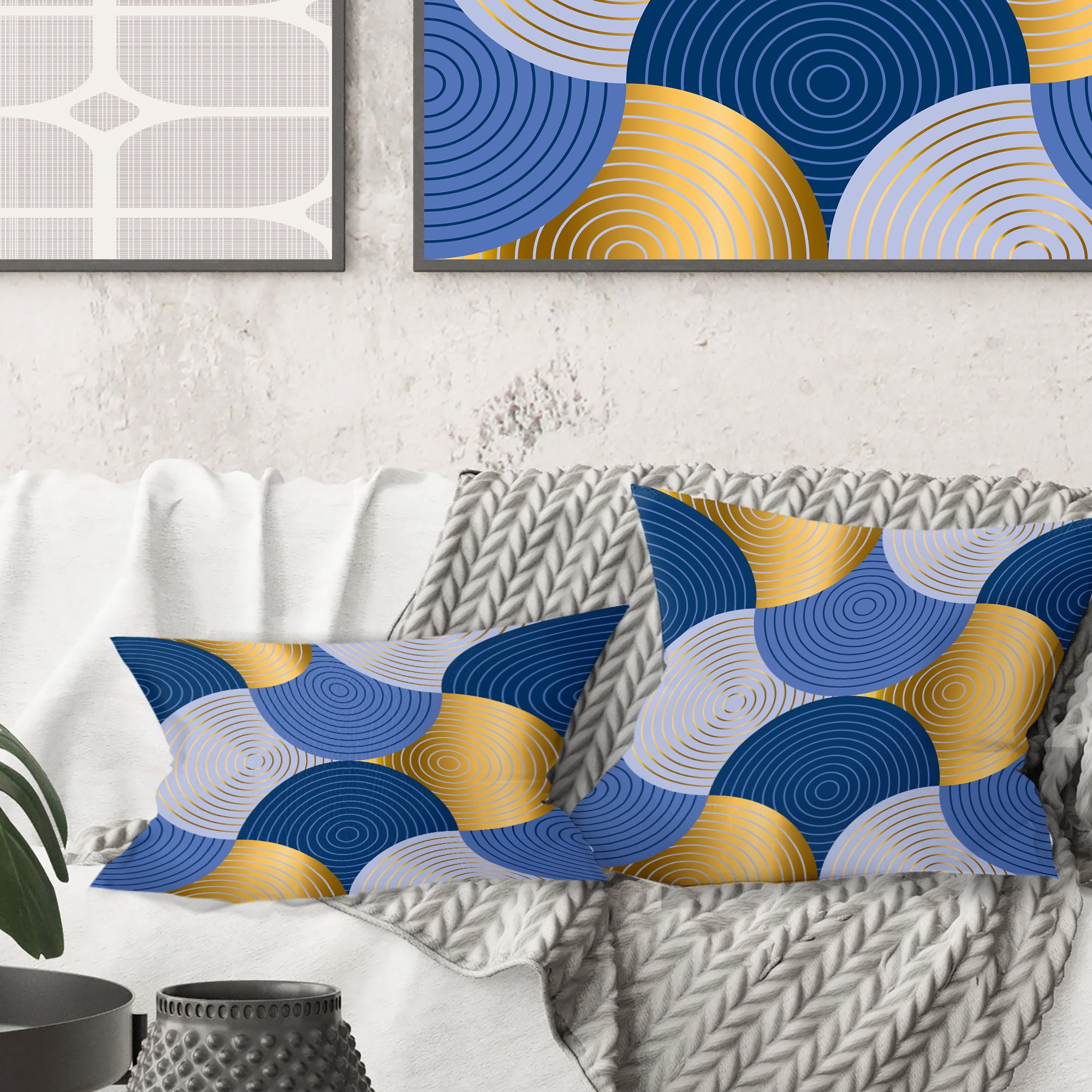 Designart Retro Luxury Waves In Gold And Blue X' Mid-Century Modern Throw Pillow - 18x18
