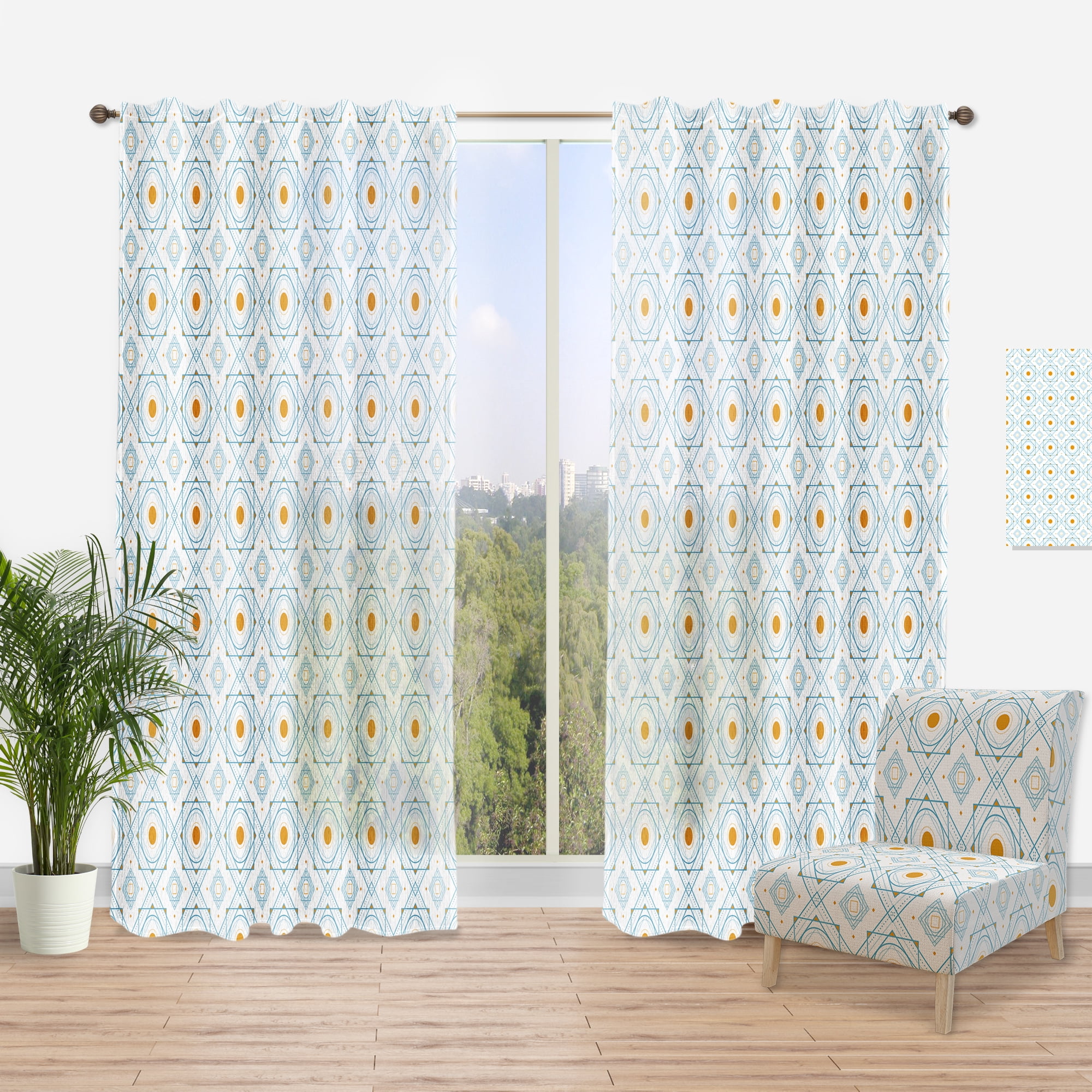 Designart 'Retro Minimal Patttern in Blue and Orange' Mid-Century Modern Curtain Panel