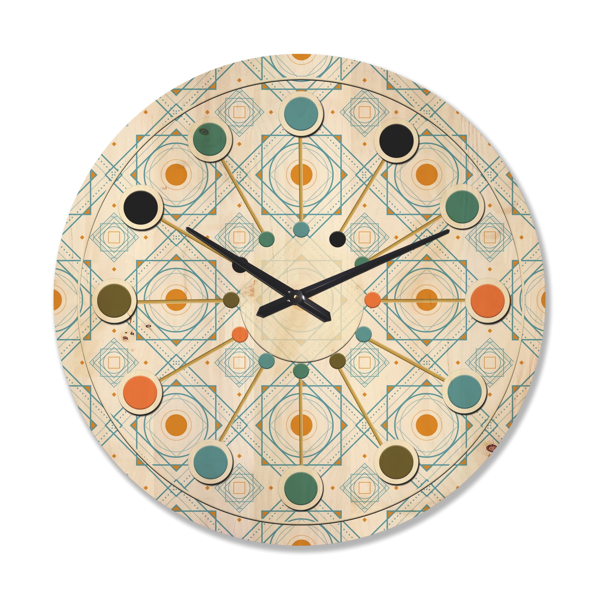 Designart 'Retro Minimal Patttern in Blue and Orange' Mid-Century Modern Wood Wall Clock