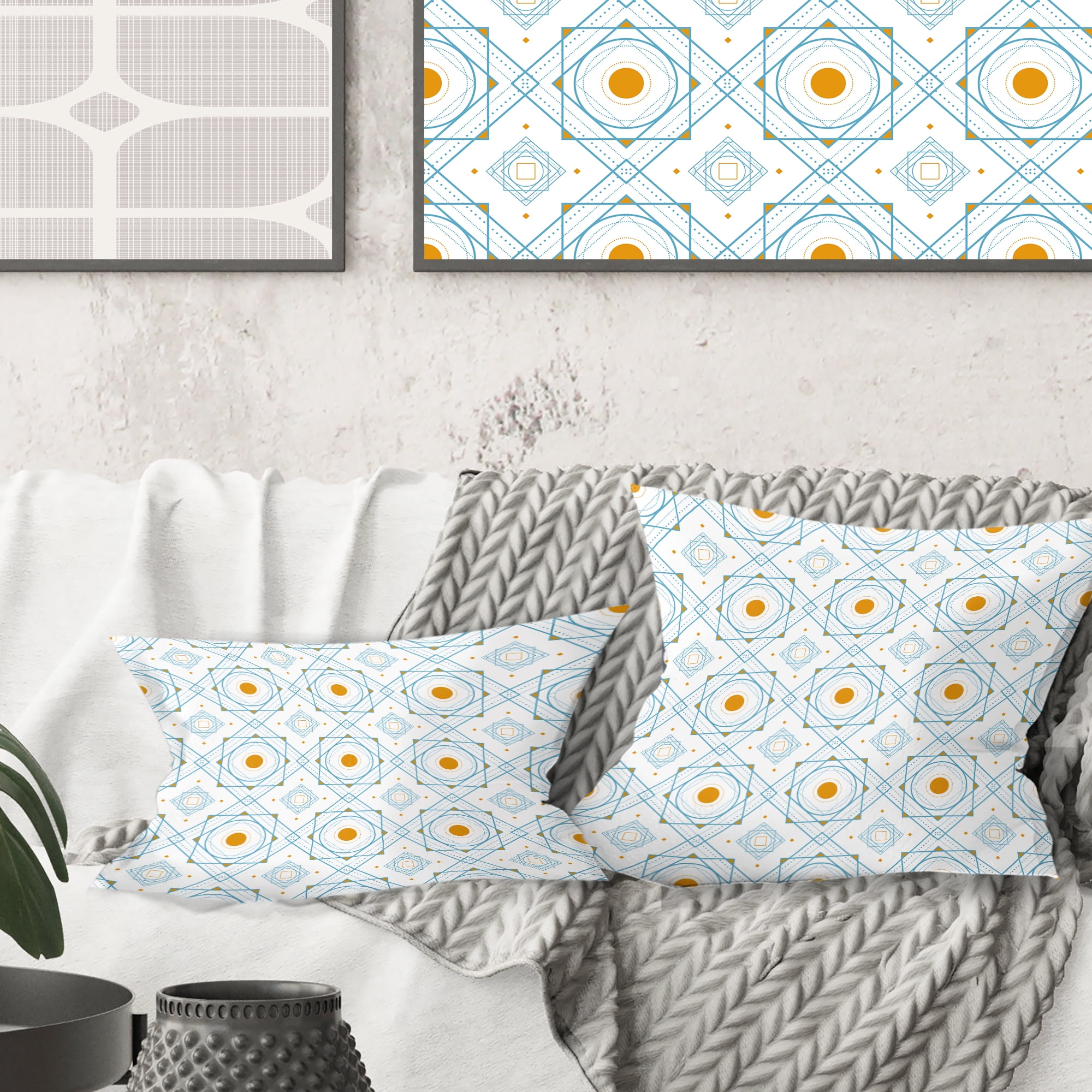 Designart Retro Minimal Patttern in Orange And Bluye' Mid-Century Modern Throw Pillow - 16x16