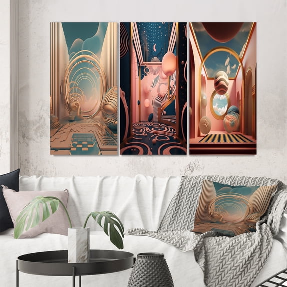 Designart "Retro Minimalism Future Folklore I" Abstract Landscape Wall Art Set Of 3 - Abstract Landscapes Pink Canvas Set For Living Room Decor