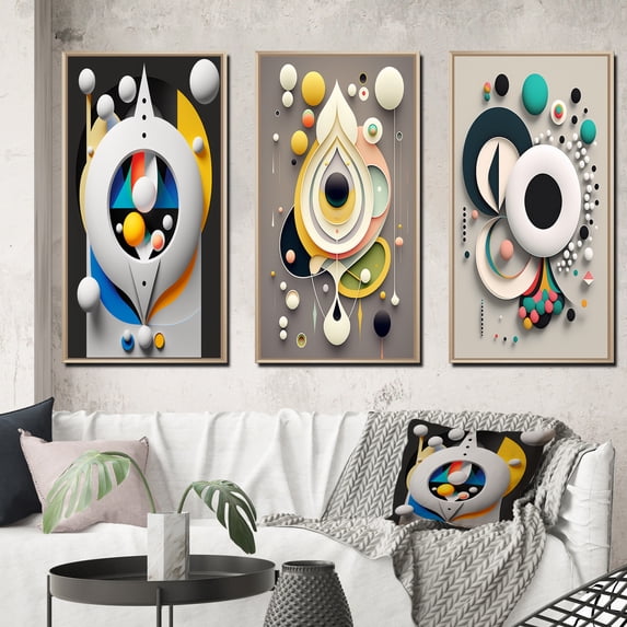 Designart "Retro Minimalism Geometry of Awakening II" Modern Geometric Framed Wall Art Set Of 3 - White Abstract Frame Gallery Wall Set For Home Decor