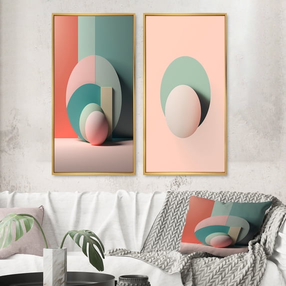 Designart "Retro Minimalism in Pink Geometric Dreaming III" Modern Geometric Framed Wall Art Set Of 2 - Modern Pink Frame Gallery Set For Office Decor