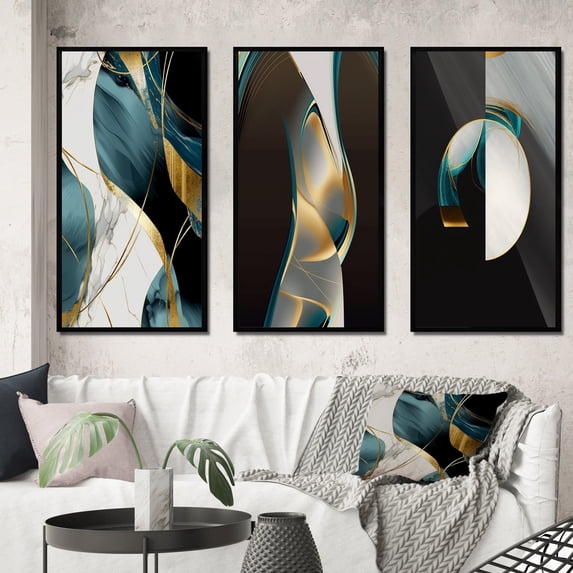 Designart "Retro Minimalism Pirouette In Turquoise V" Modern Geometric Framed Wall Art Set Of 3 - Gold Abstract Frame Gallery Wall Set For Home Decor