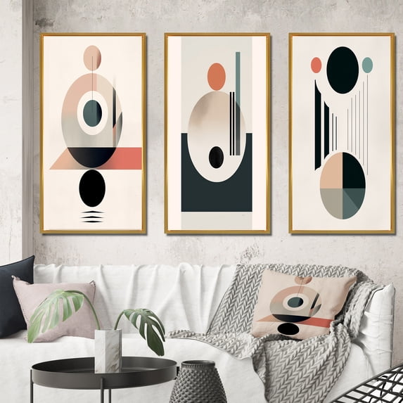 Designart "Retro Minimalist Moon Harmony Lovely Rhythms II" Transitional Framed Wall Art Set Of 3 - Pink Abstract Transitional Frame Canvas Set For Living Room Decor