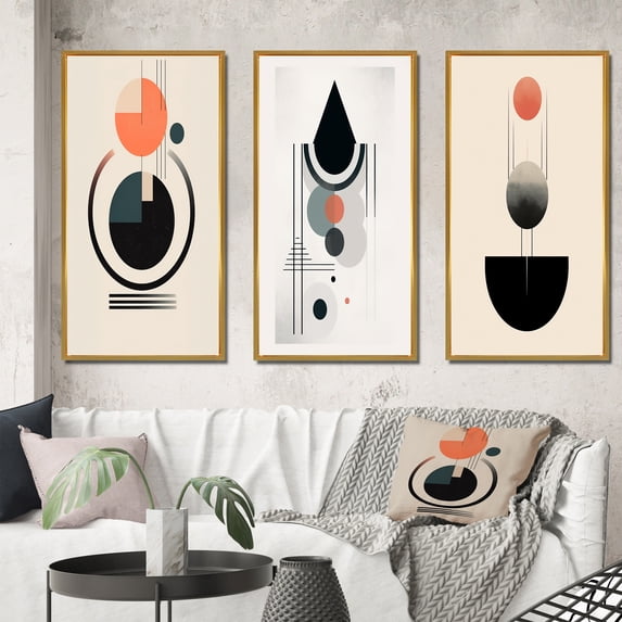 Designart "Retro Minimalist Moon Harmony Lovely Rhythms IV" Transitional Framed Wall Art Set Of 3 - Gold Abstract Transitional Frame Gallery Wall Set For Home Decor