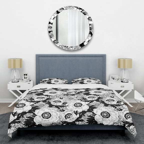 Designart 'Retro Monochrome Flowers Pattern' Mid-Century Modern Duvet Cover Set