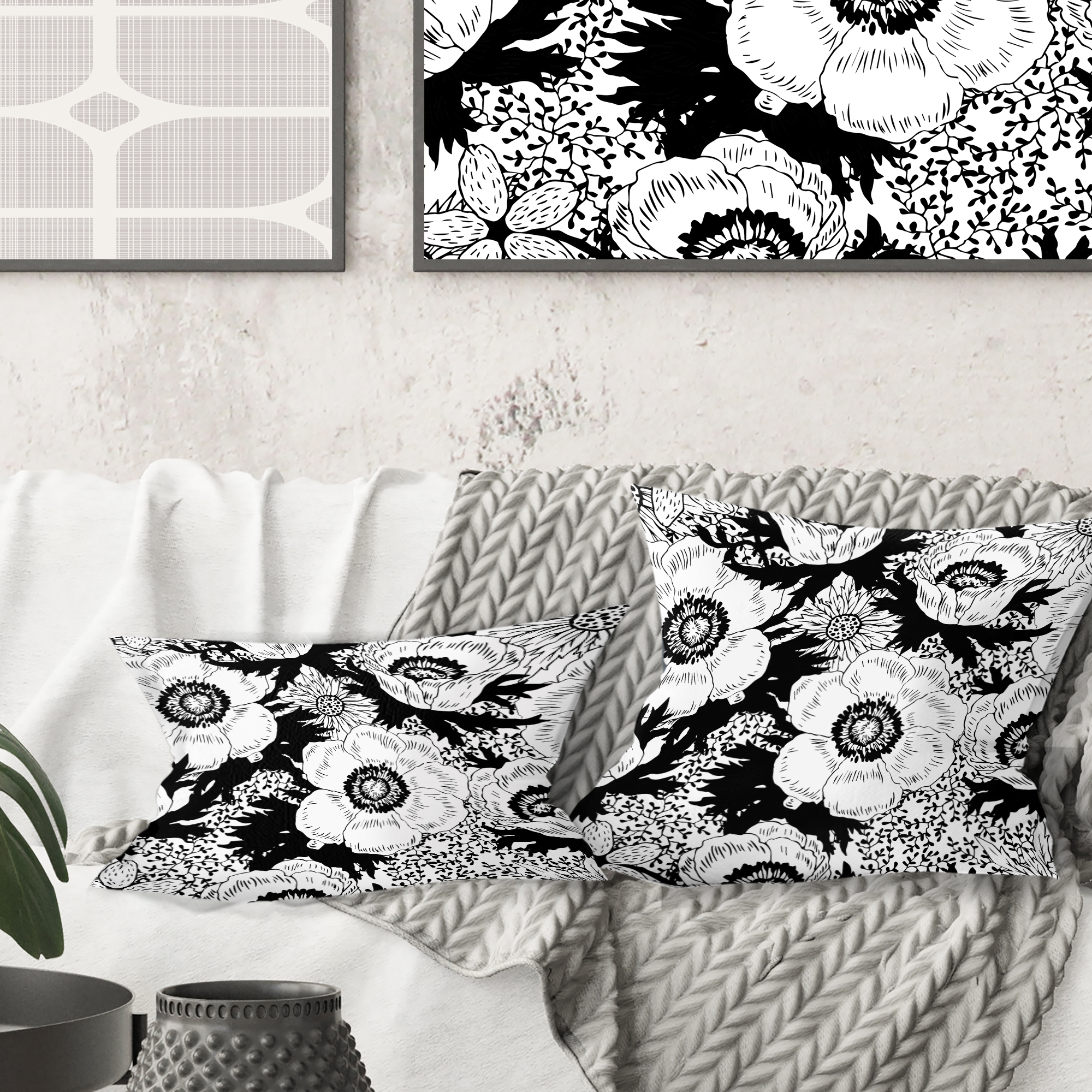 Designart Retro Monochrome Flowers Pattern' Mid-Century Modern Throw Pillow - 16x16