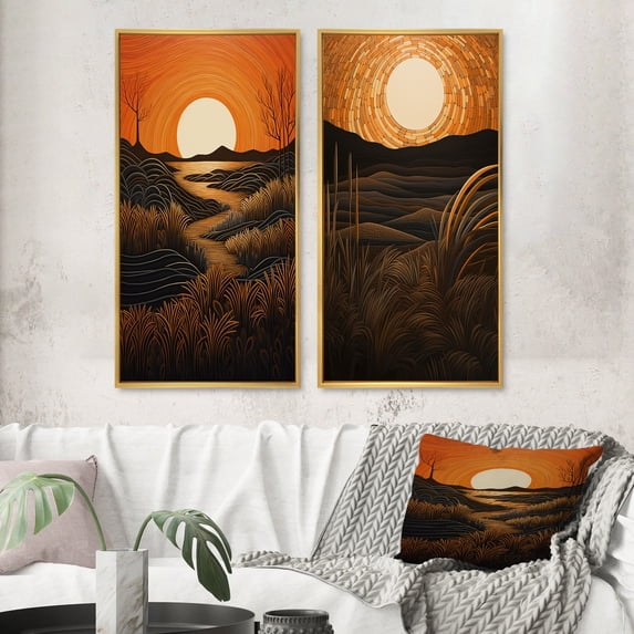 Designart "Retro Mountain Meadows Golden Sunset IV" Meadow Framed Wall Art Set Of 2 - Traditional Orange Framed Canvas Set For Living Room Decor