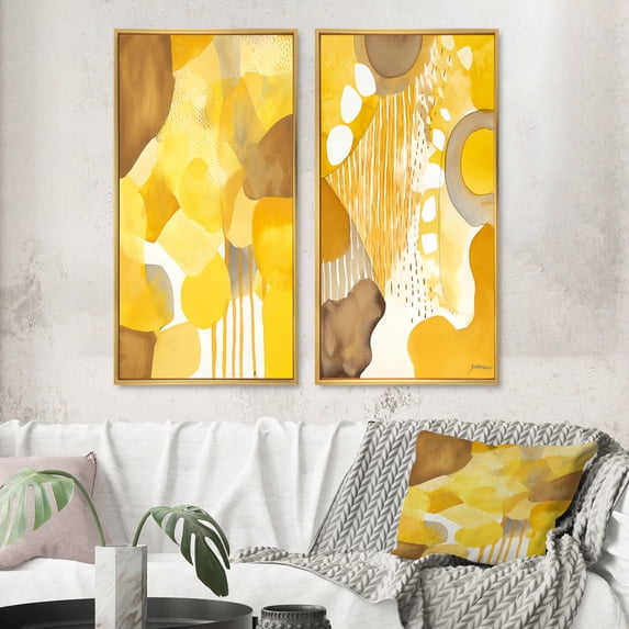 Designart "Retro Mustard Dreams Watercolor IV" Modern Midcentury Framed Wall Art Set Of 2 - Mid-Century Yellow Gallery Wall Frame Set For Home Decor