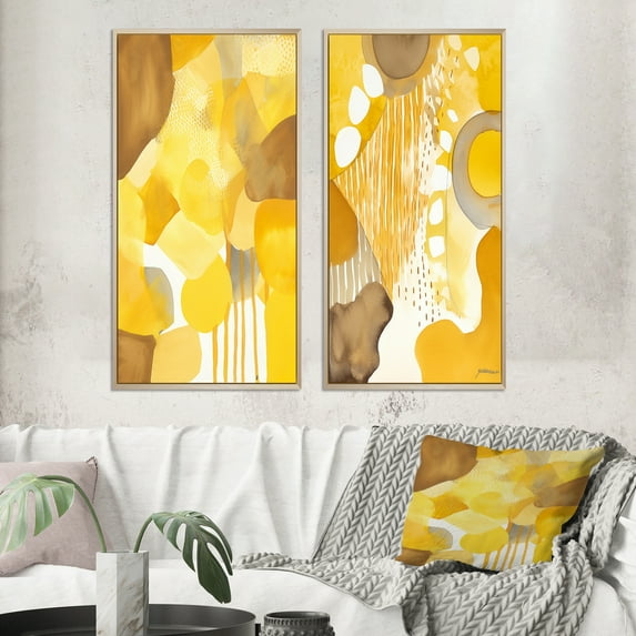 Designart "Retro Mustard Dreams Watercolor IV" Modern Midcentury Framed Wall Art Set Of 2 - Mid-Century Yellow Gallery Wall Frame Set For Home Decor