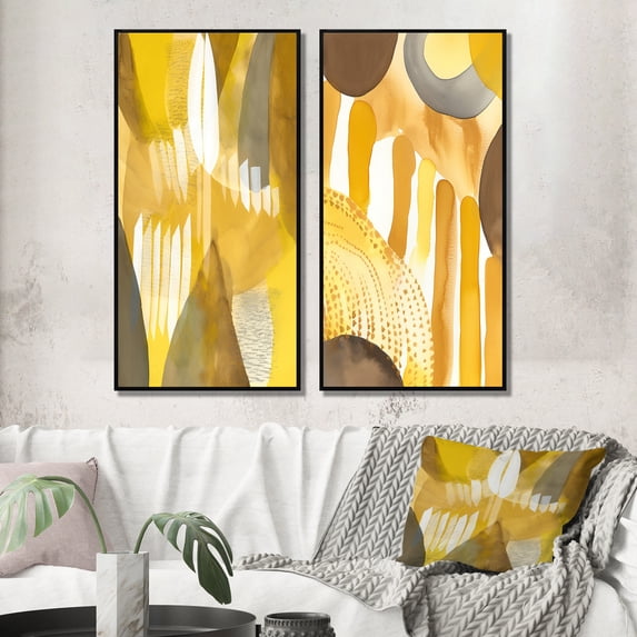 Designart "Retro Mustard Dreams Watercolor VI" Modern Midcentury Framed Wall Art Set Of 2 - Mid-Century Yellow Frame Gallery Set For Office Decor
