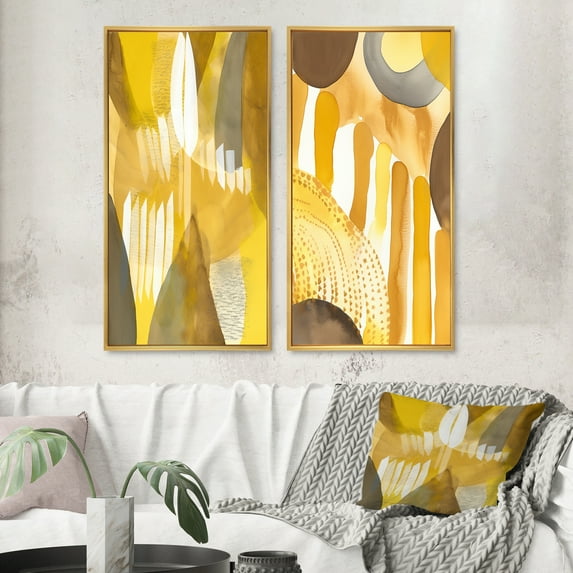 Designart "Retro Mustard Dreams Watercolor VI" Modern Midcentury Framed Wall Art Set Of 2 - Mid-Century Yellow Frame Gallery Set For Office Decor