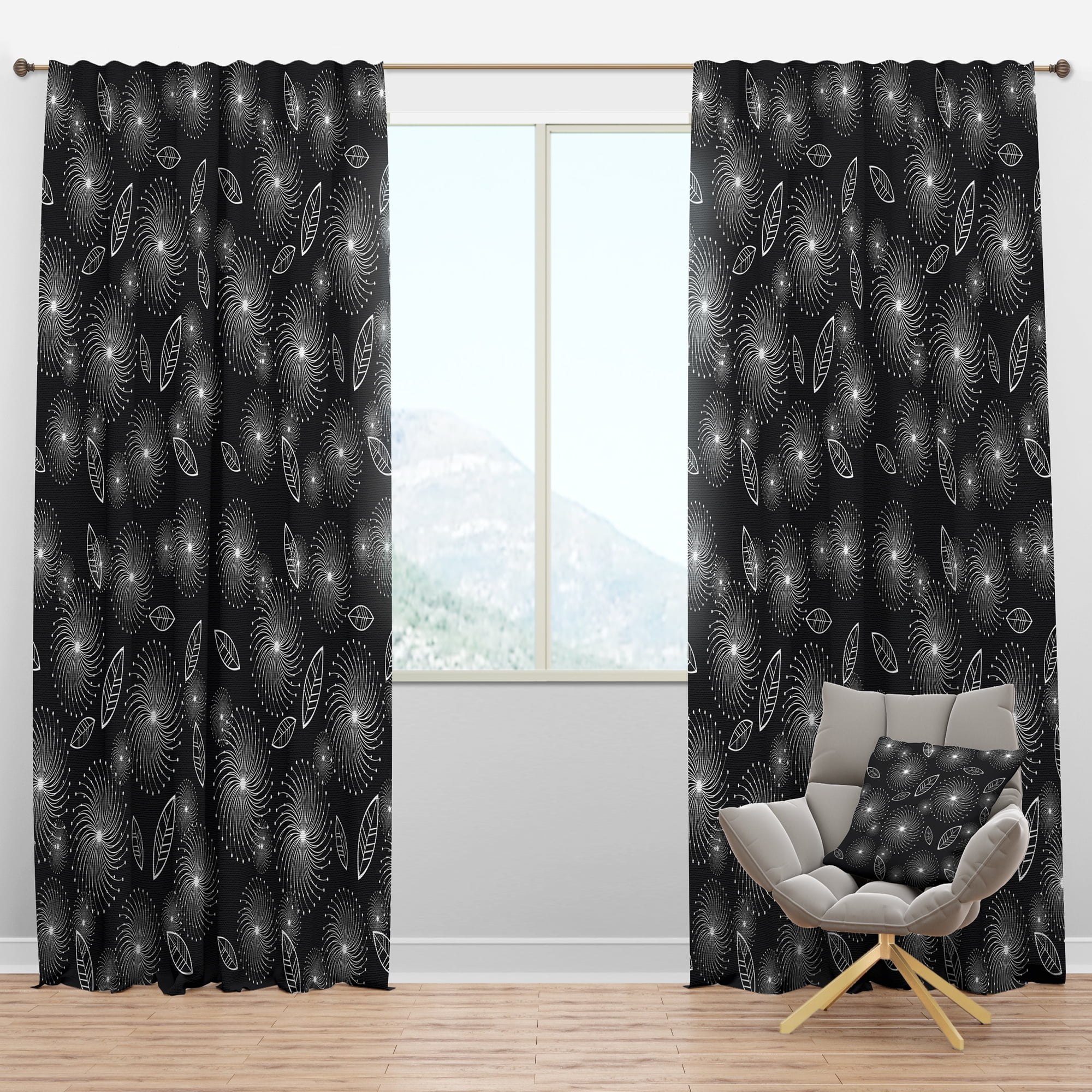 Designart 'Retro Of Monochrome Stylized Flowers' Floral Blackout Curtain Panel