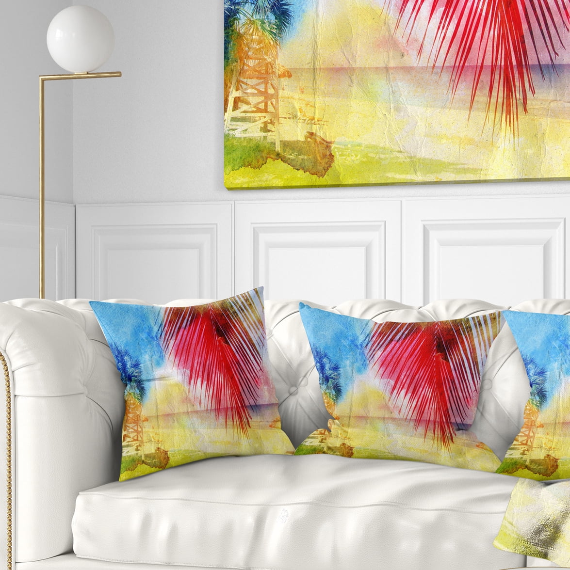 Designart Retro Palm Leaf Watercolor - Trees Painting Throw Pillow - 18x18