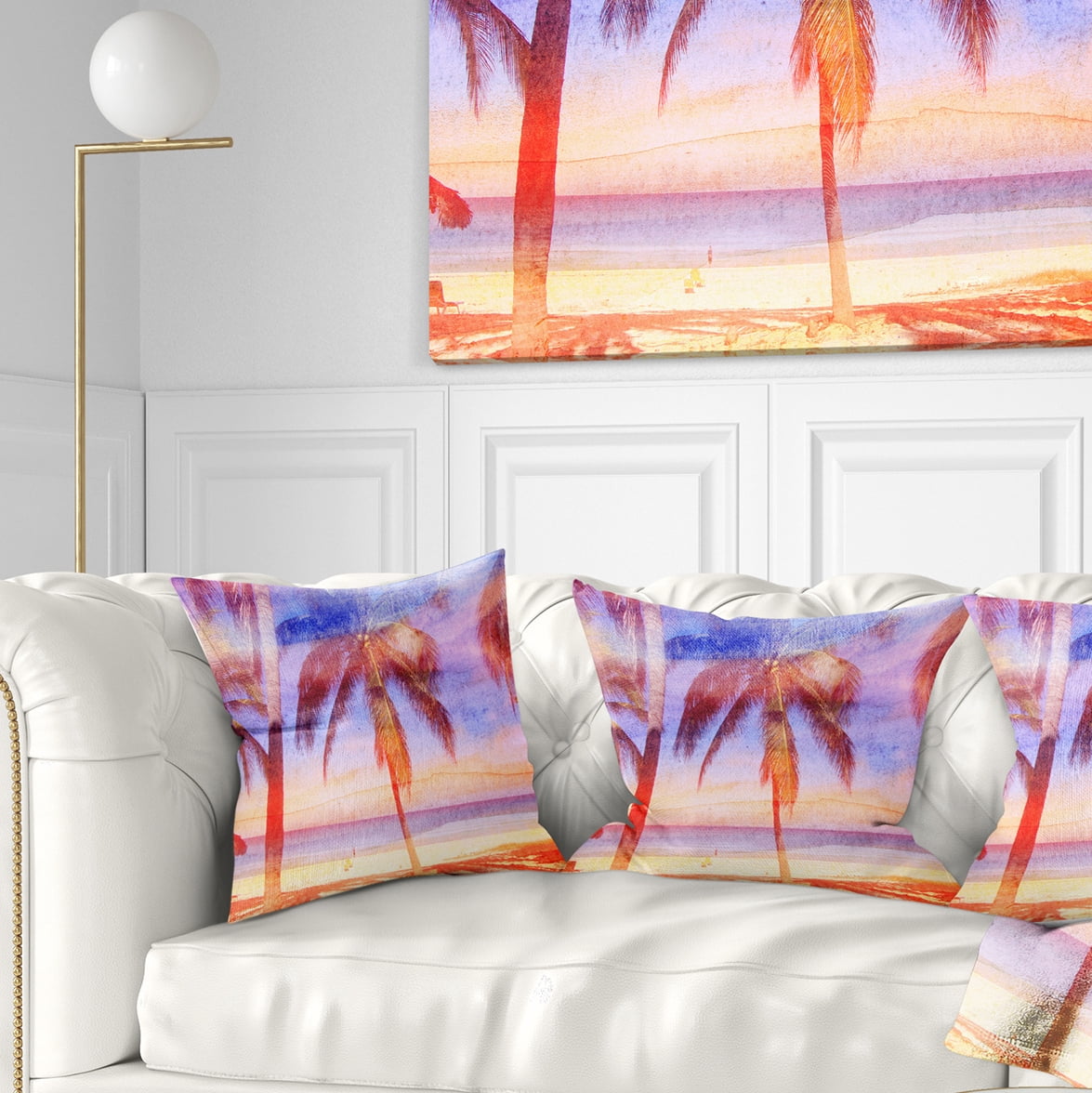 Designart Retro Palms Light Blue Watercolor - Trees Painting Throw Pillow - 16x16