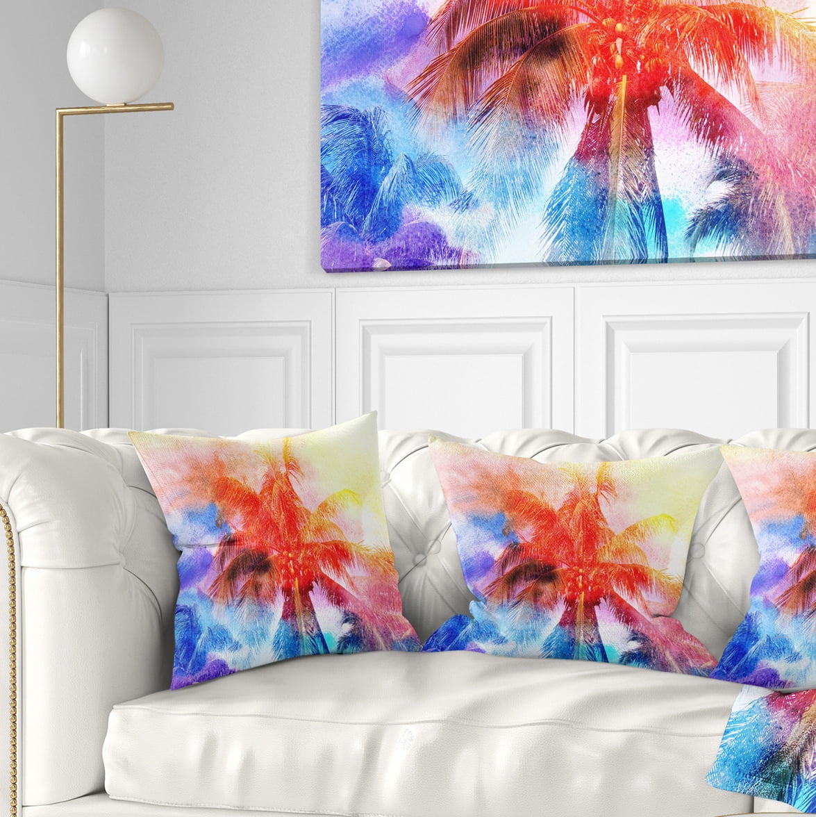 Designart Retro Palms Red Watercolor - Trees Painting Throw Pillow - 16x16