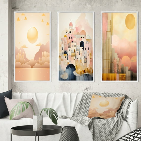 Designart "Retro Pastel Boho City Charm I" Modern Geometric Framed Wall Art Set Of 3 - Pink Abstract Frame Gallery Wall Set For Home Decor