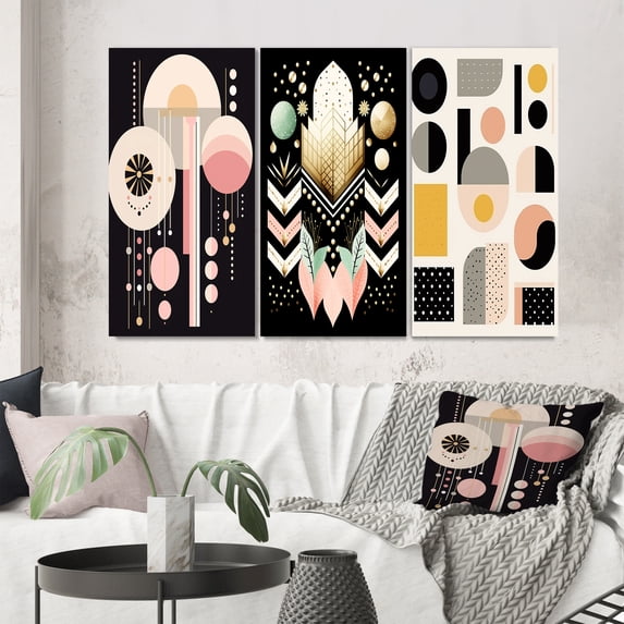 Designart "Retro Pastel Dimensional Abstract Geometrics" Modern Geometric Wall Art Set Of 3 - Pink Abstract Gallery Wall Set For Home Decor