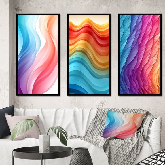 Designart "Retro Pastel Futuristic Abstract Waves III" Abstract Shapes Framed Wall Art Set Of 3 - Multicolor Transitional Frame Canvas Set For Living Room Decor