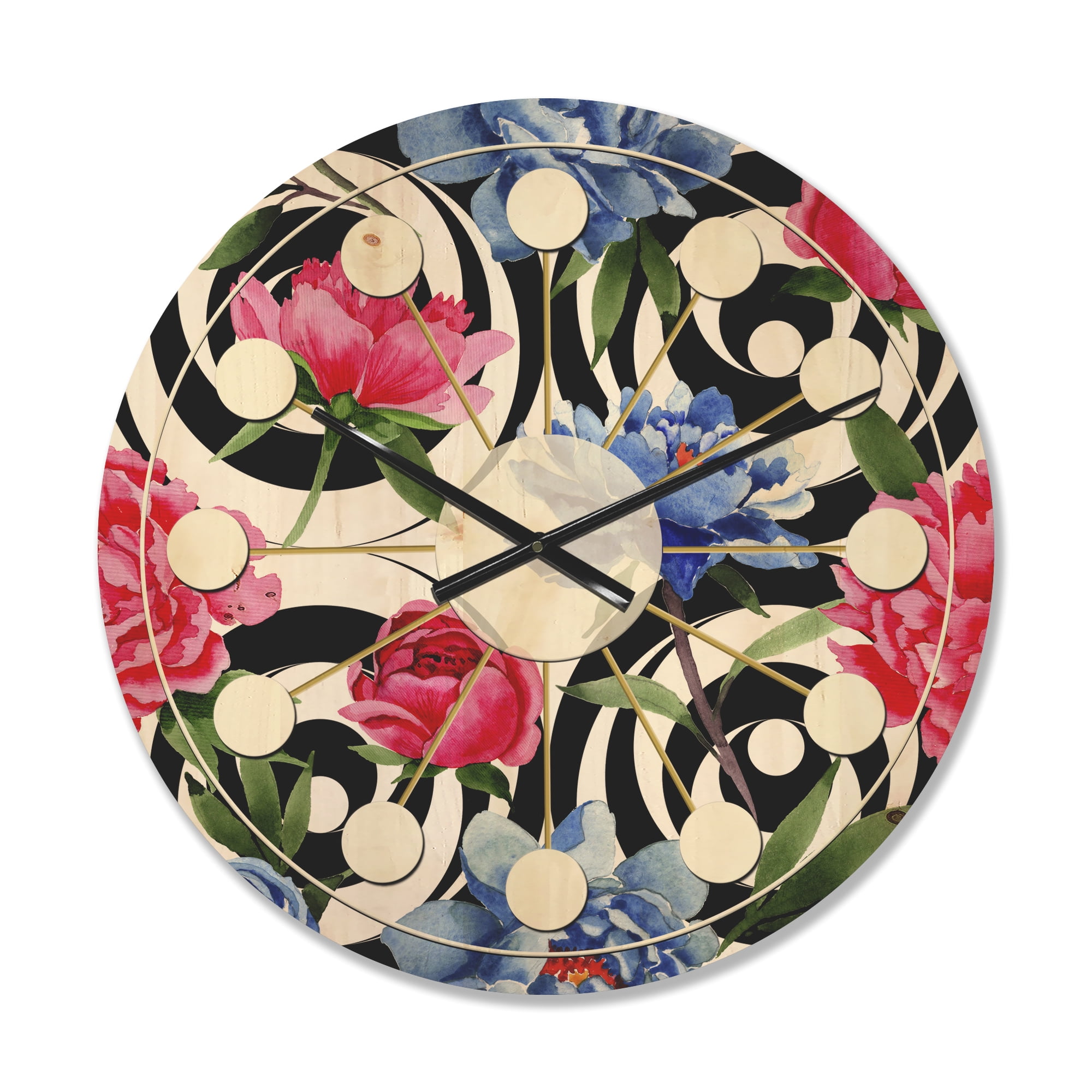 Designart 'Retro Pattern Over Floral I' Mid-Century Modern Wood Wall Clock