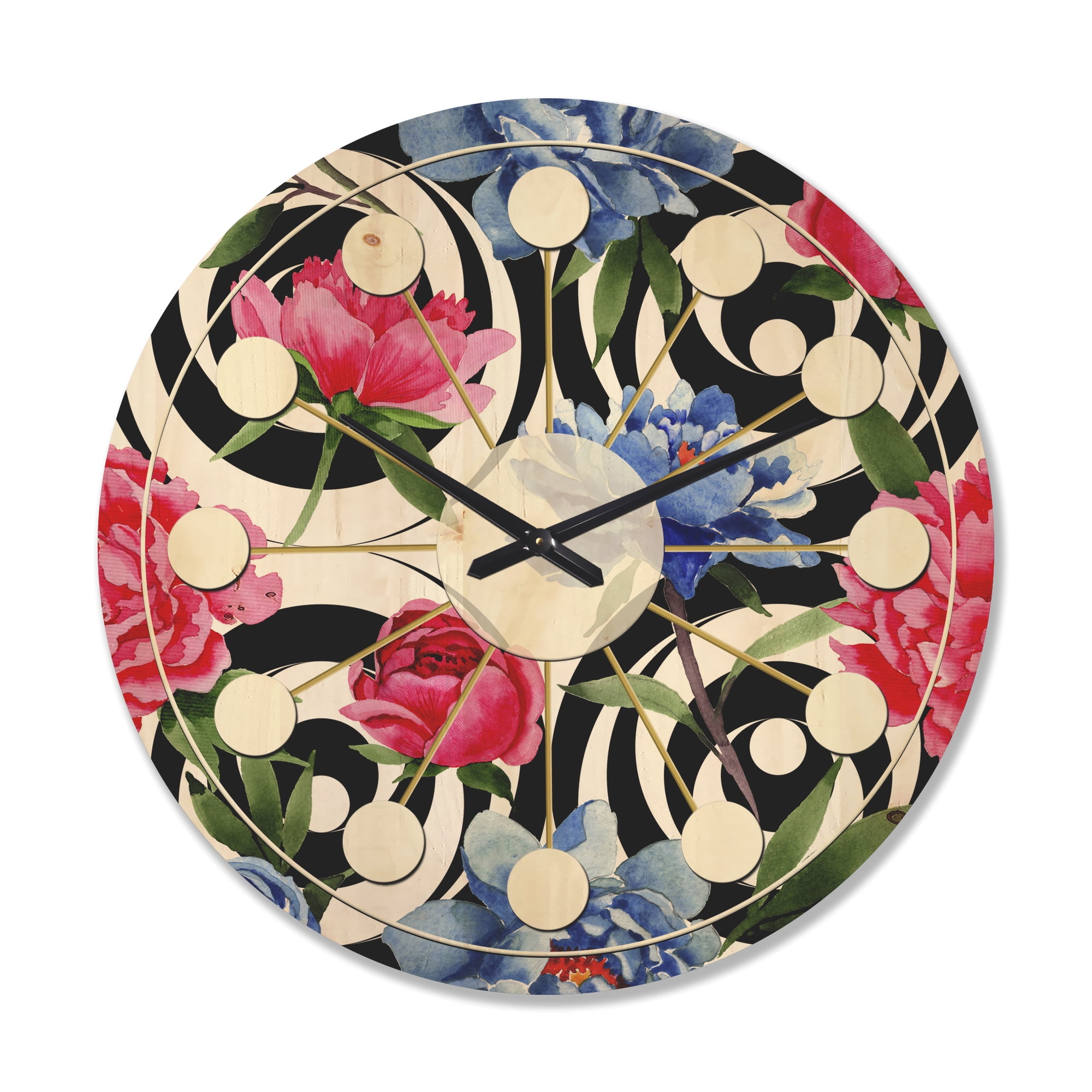 Designart 'Retro Pattern Over Floral I' Mid-Century Modern Wood Wall Clock