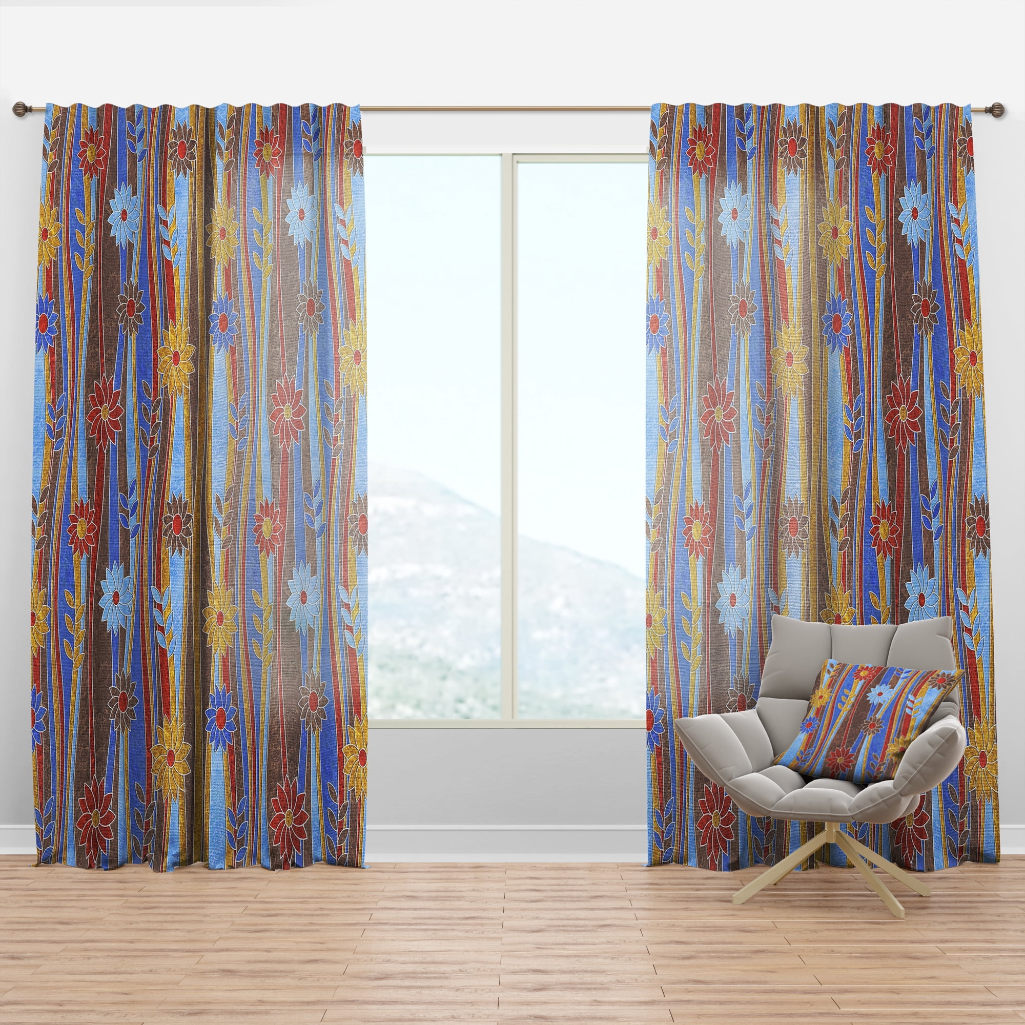 Designart 'Retro Pattern Over Floral IV' Mid-Century Modern Curtain Panel