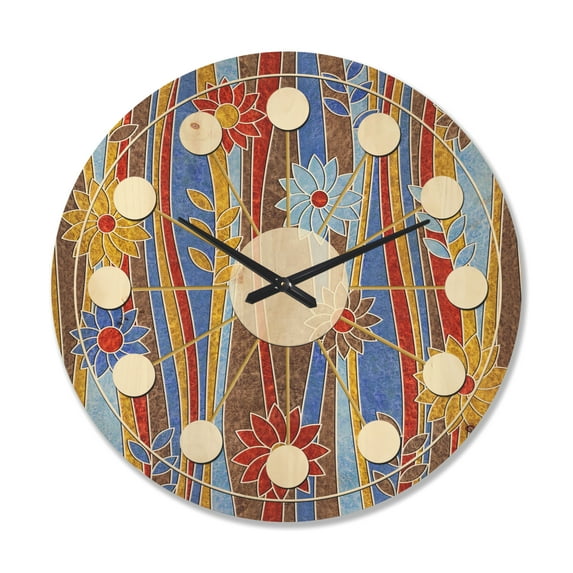 Designart 'Retro Pattern Over Floral IV' Mid-Century Modern Wood Wall Clock