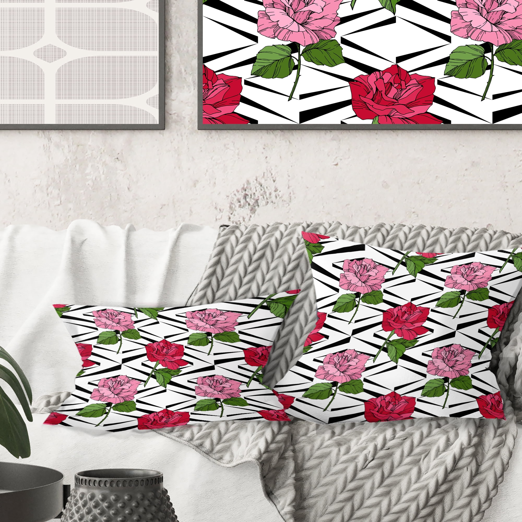 Designart Retro Pink And Red Roses' Mid-Century Modern Throw Pillow - 18x18