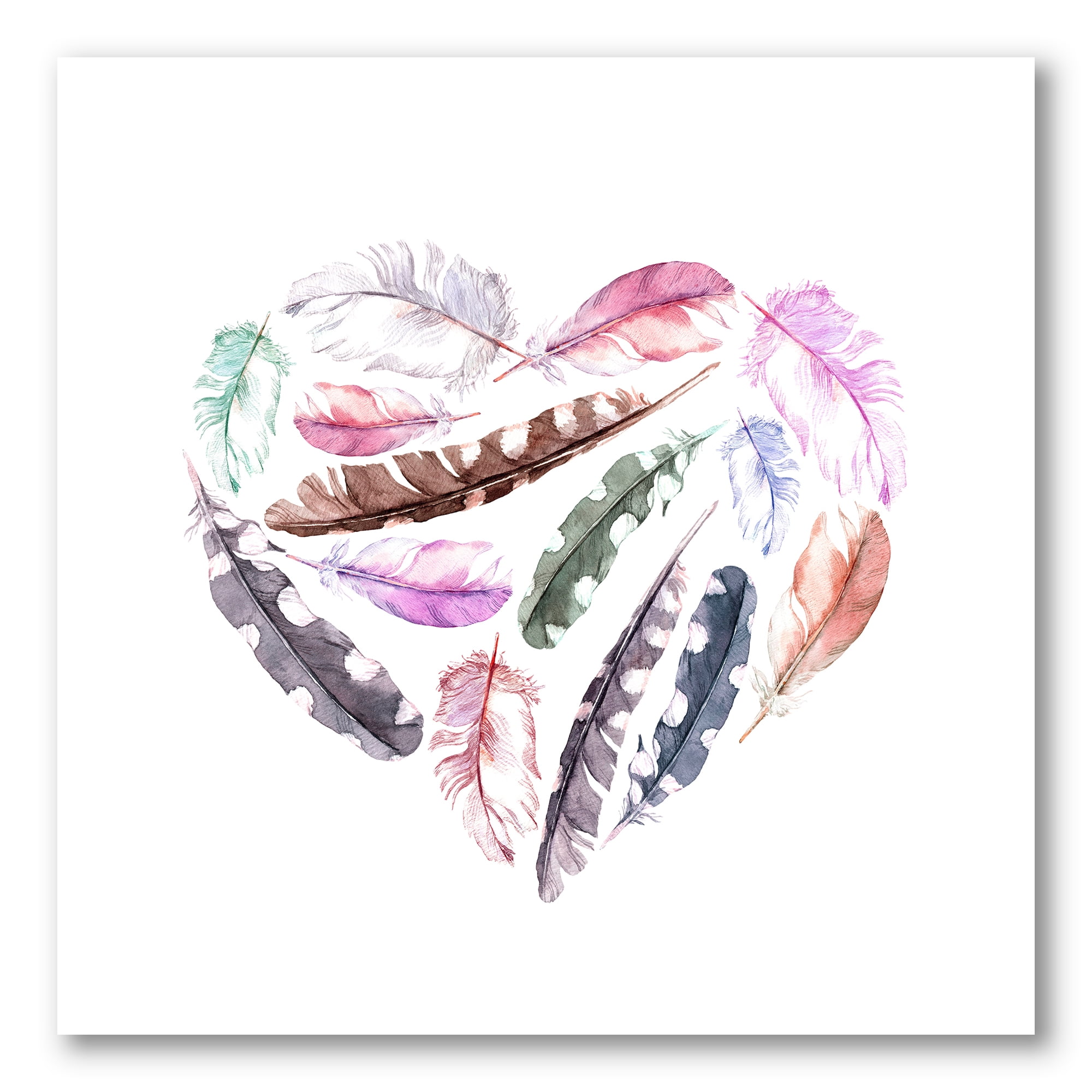 Designart ' Retro Pink Bird Feathers With Heart ' Bohemian & Eclectic Canvas Wall Art Print