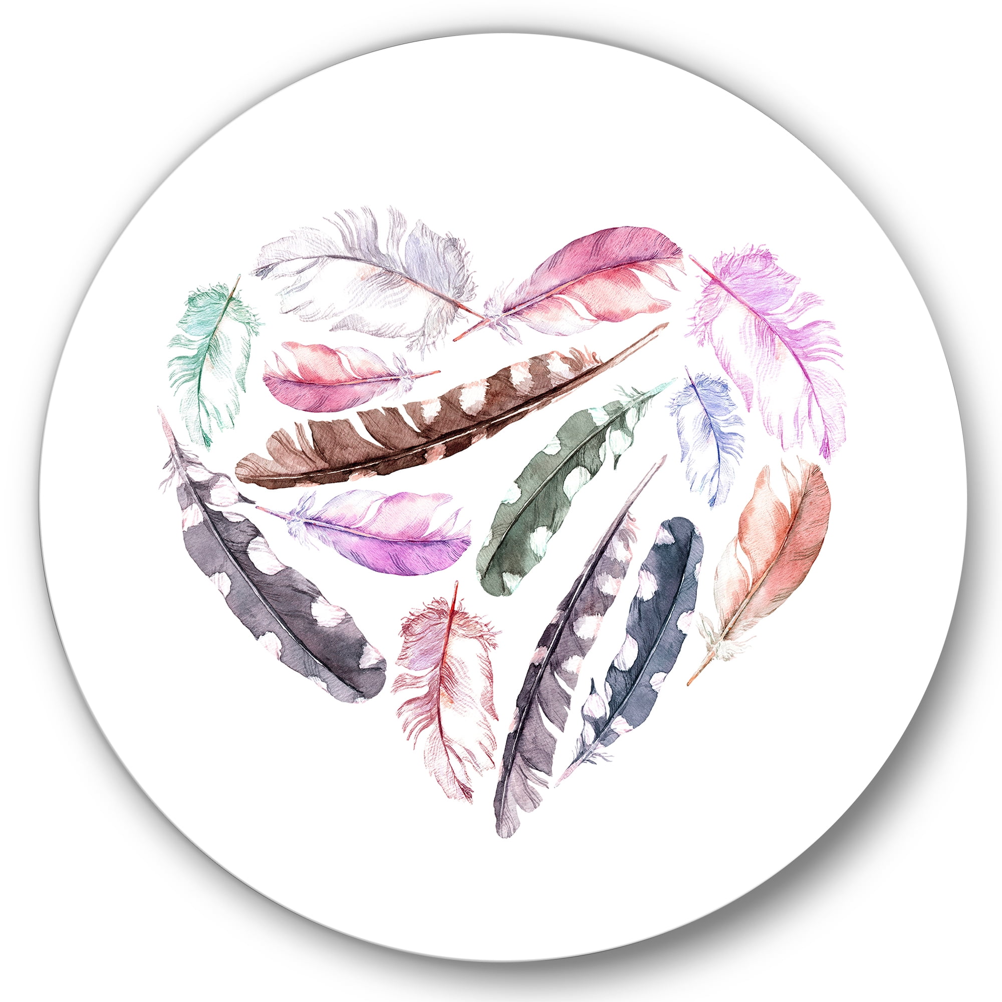 Designart 'Retro Pink Bird Feathers With Heart' Bohemian & Eclectic Circle Metal Wall Art 11x11 - Disc of 11
