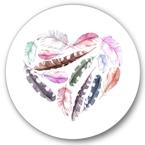 Designart 'Retro Pink Bird Feathers With Heart' Bohemian & Eclectic Circle Metal Wall Art 29x29 - Disc of 29