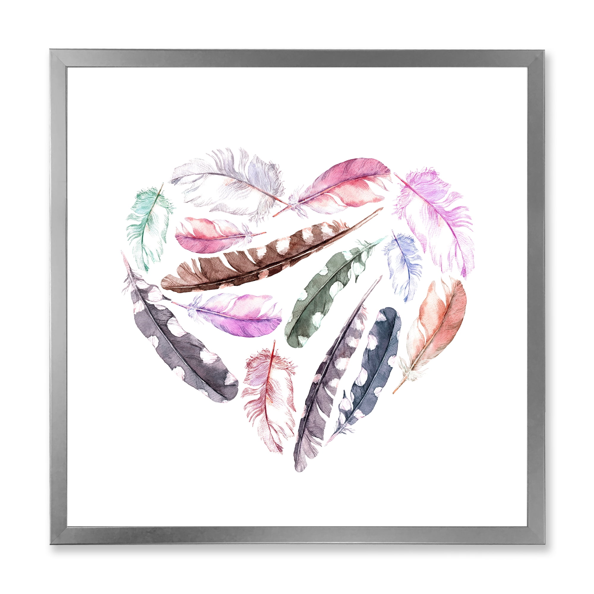 Designart 'Retro Pink Bird Feathers With Heart' Bohemian & Eclectic Framed Art Print
