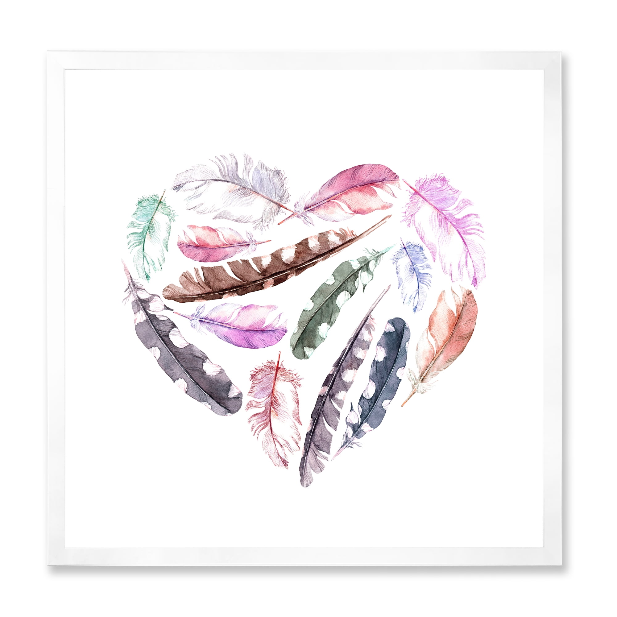 Designart 'Retro Pink Bird Feathers With Heart' Bohemian & Eclectic Framed Art Print