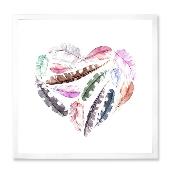 Designart 'Retro Pink Bird Feathers With Heart' Bohemian & Eclectic Framed Art Print