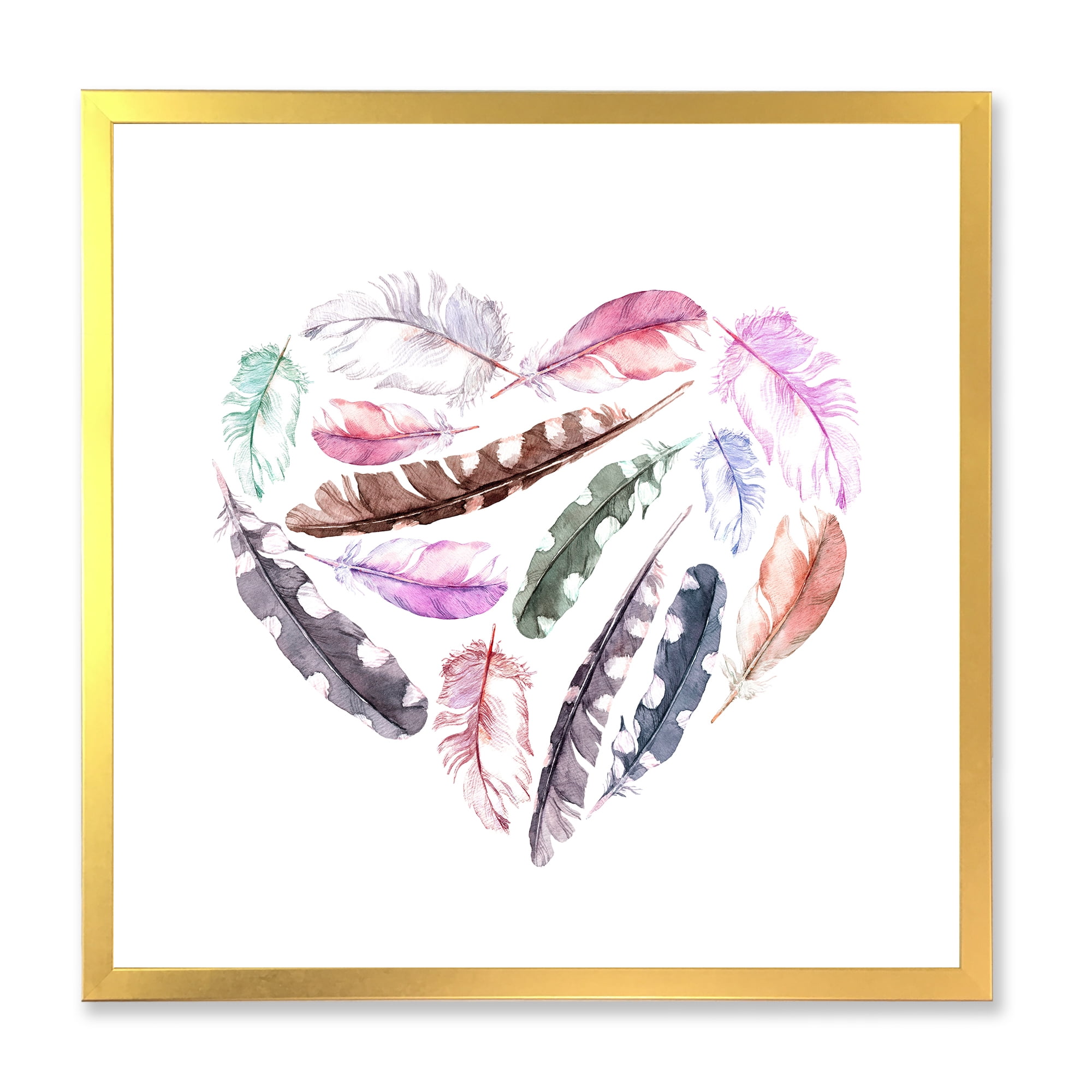 Designart 'Retro Pink Bird Feathers With Heart' Bohemian & Eclectic Framed Art Print