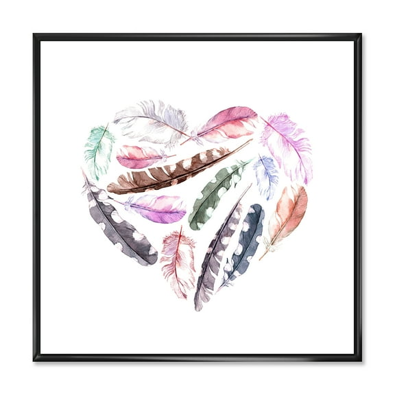 Designart 'Retro Pink Bird Feathers With Heart' Bohemian & Eclectic Framed Canvas Wall Art Print