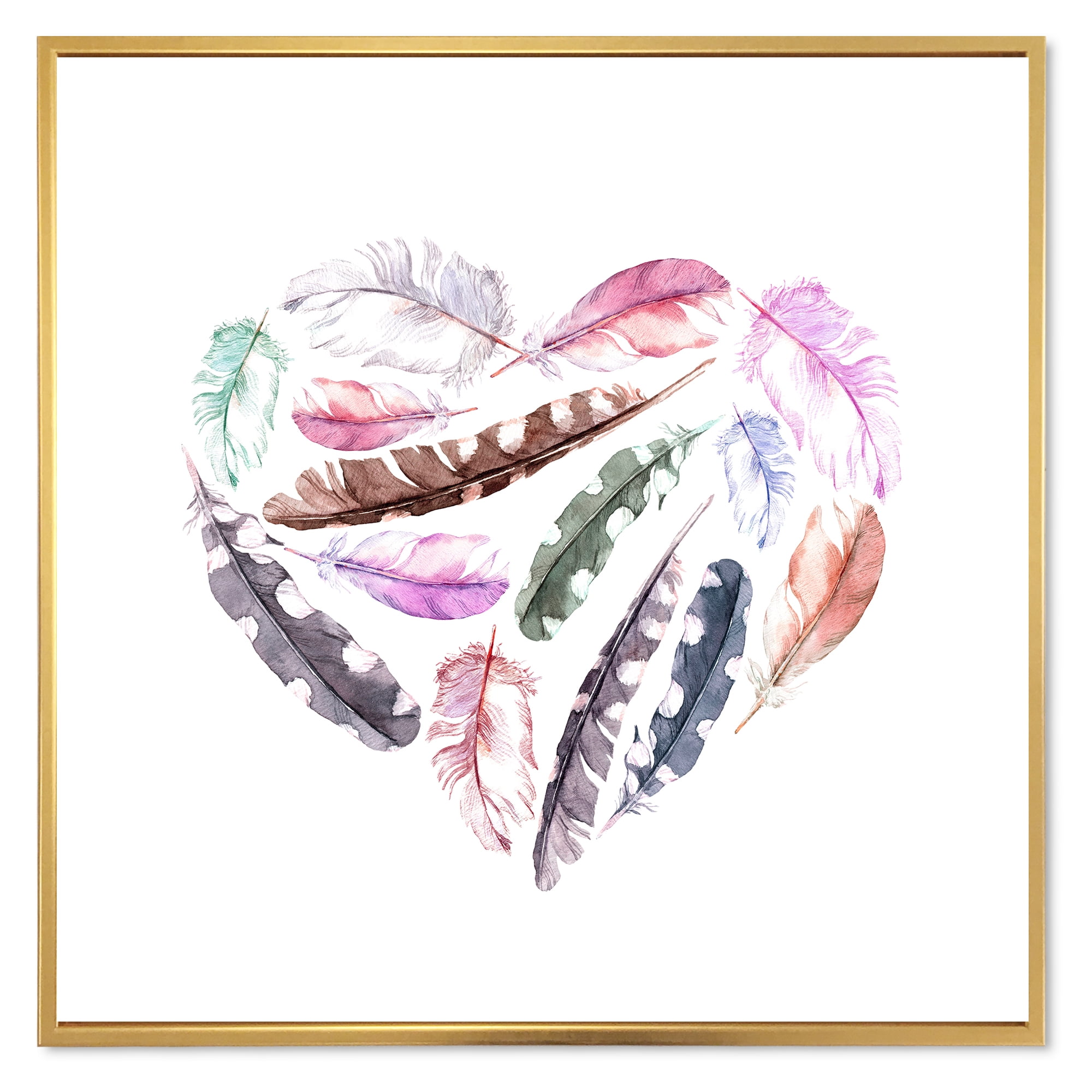 Designart 'Retro Pink Bird Feathers With Heart' Bohemian & Eclectic Framed Canvas Wall Art Print