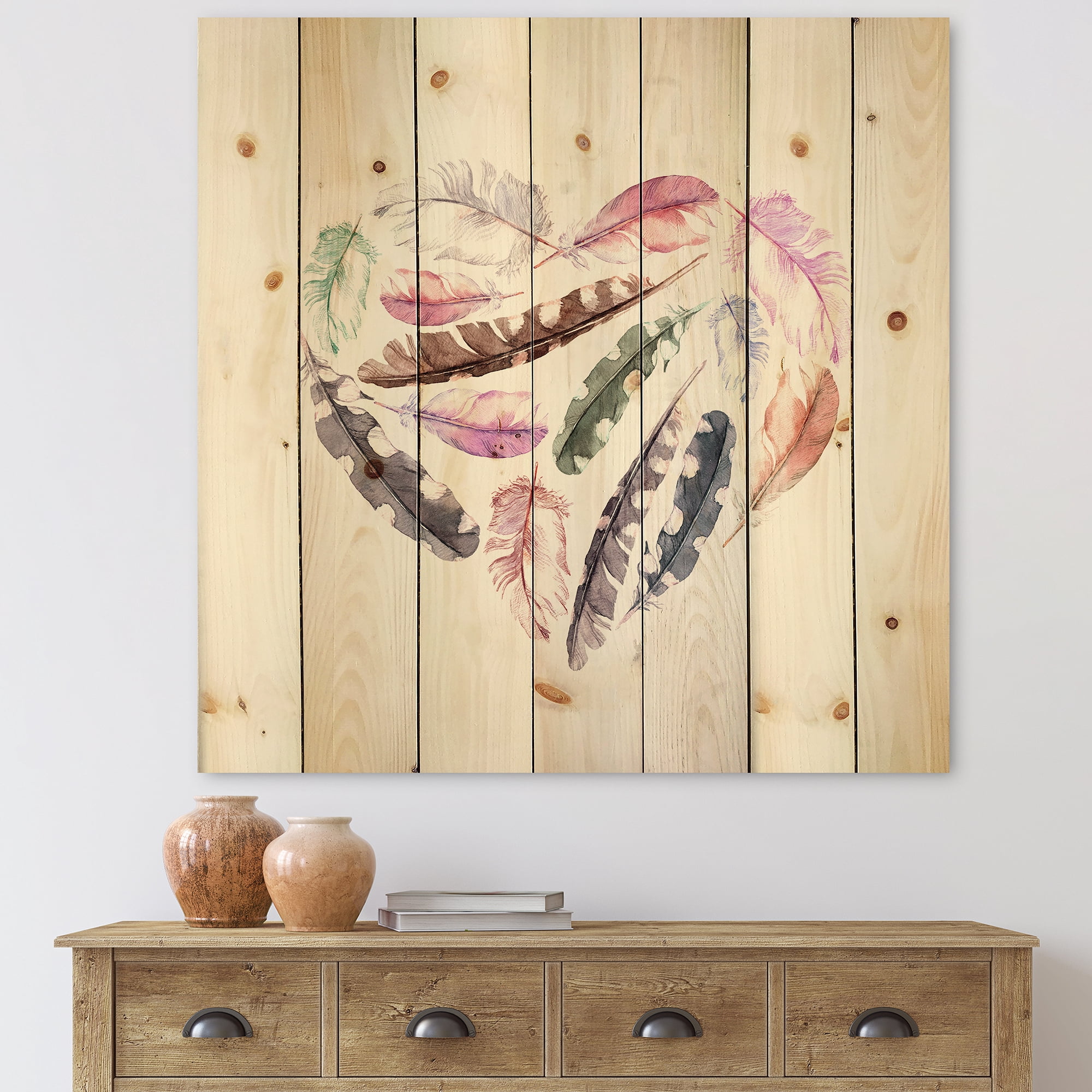 Designart 'Retro Pink Bird Feathers With Heart' Bohemian & Eclectic Print on Natural Pine Wood