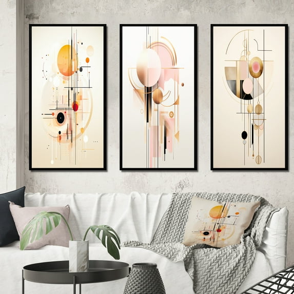 Designart "Retro Pink Circular Boho Chic Geometrics I" Modern Geometric Framed Wall Art Set Of 3 - Pink Abstract Frame Gallery Wall Set For Home Decor
