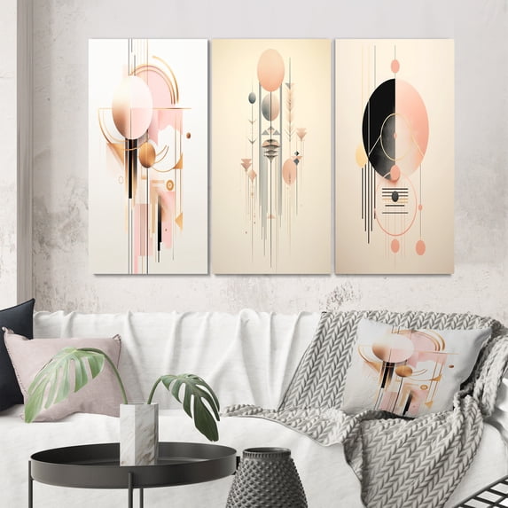 Designart "Retro Pink Circular Boho Chic Geometrics" Modern Geometric Wall Art Set Of 3 - Pink Abstract Canvas Set For Living Room Decor