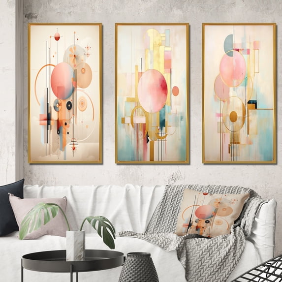 Designart "Retro Pink Circular Distant Celebration I" Modern Geometric Framed Wall Art Set Of 3 - Gold Abstract Frame Gallery Set For Office Decor