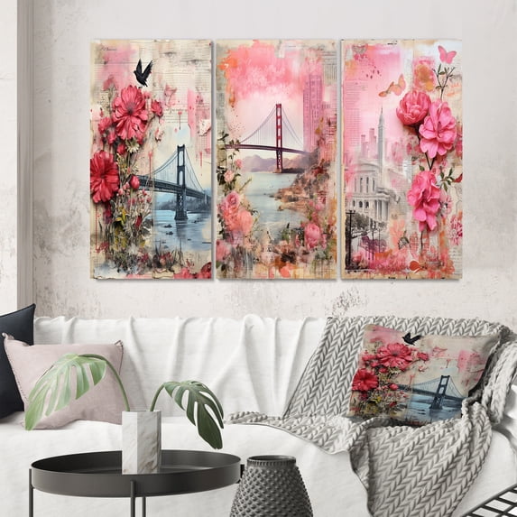 Designart "Retro Pink Collage Golden Gate in San Francisco II" San Francisco Wall Art Set Of 3 - Industrial Pink Gallery Set For Office Decor
