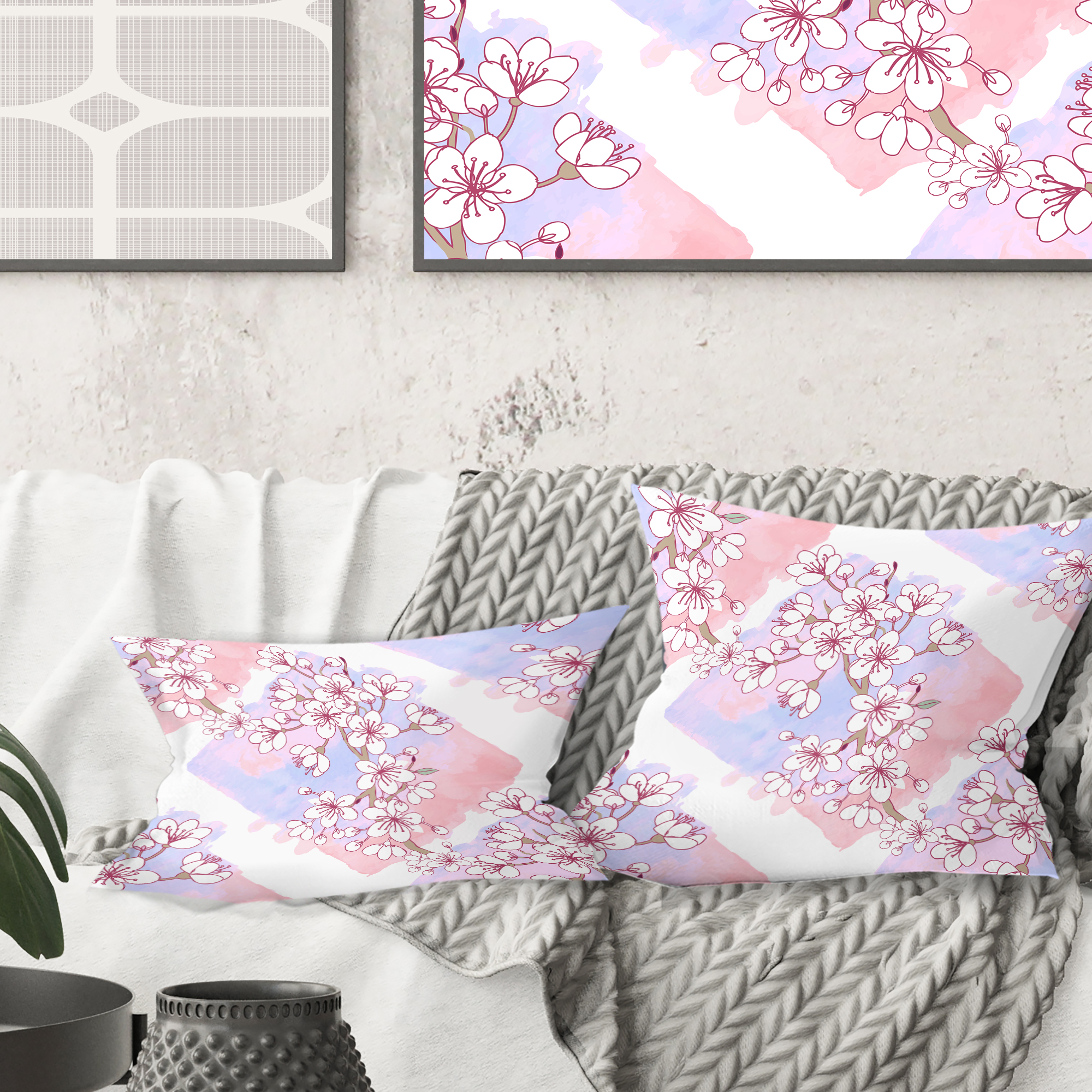 Designart Retro Pink Flower Pattern I' Mid-Century Modern Throw Pillow - 16x16